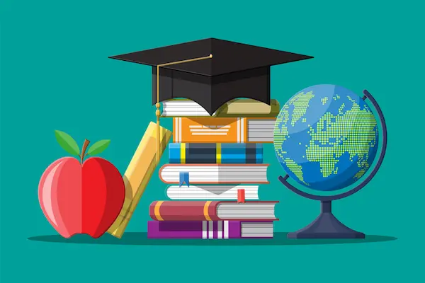 berretto-da-laurea-bloccato-di-libri-globo-e-mela